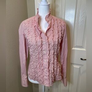 J. McLaughlin Red & White Button Up Ruffle Front Striped Long Sleeve Blouse Sz 2